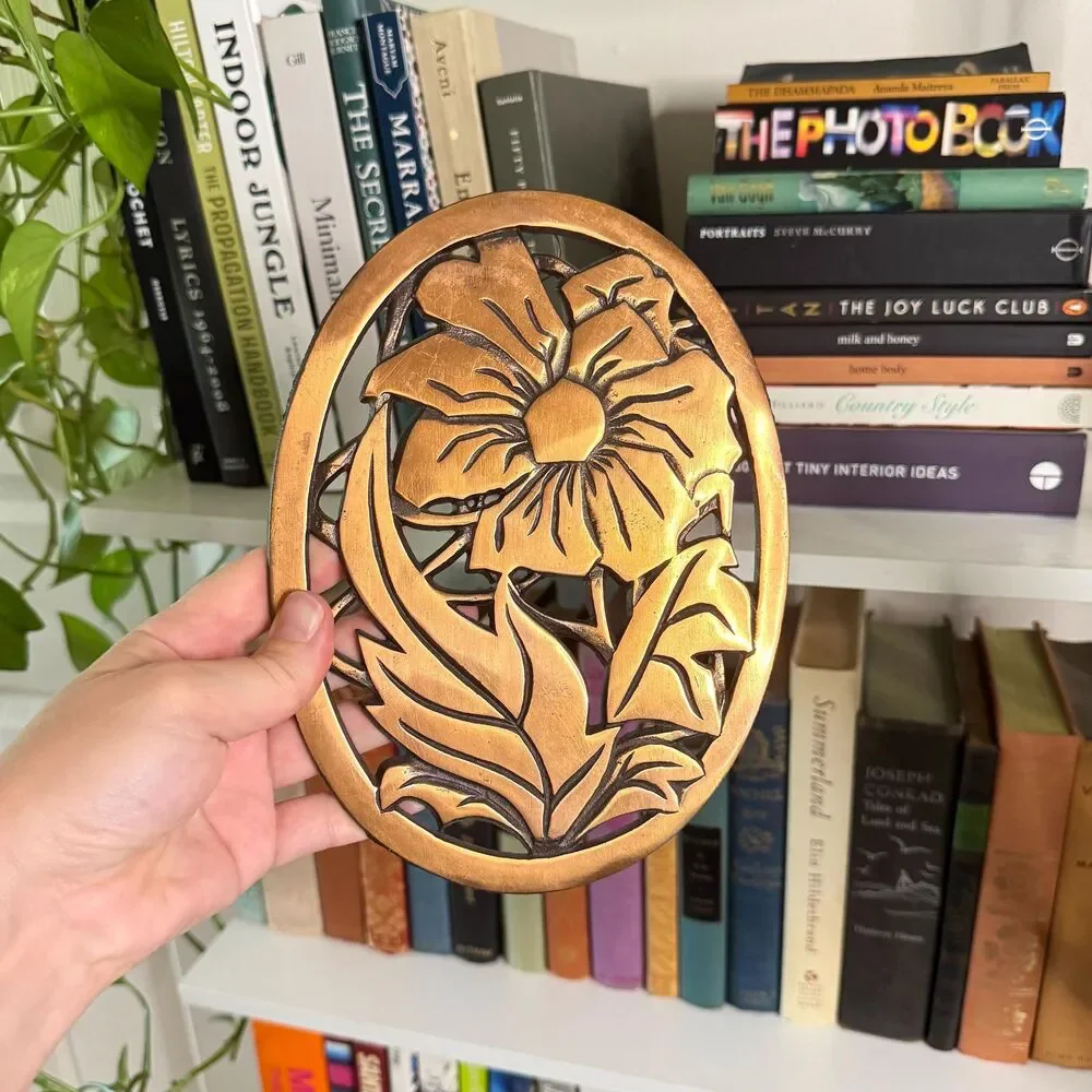 Vintage 80’s Floral Cast Iron Trivet Wall Hanging / Copper Brushed Finish